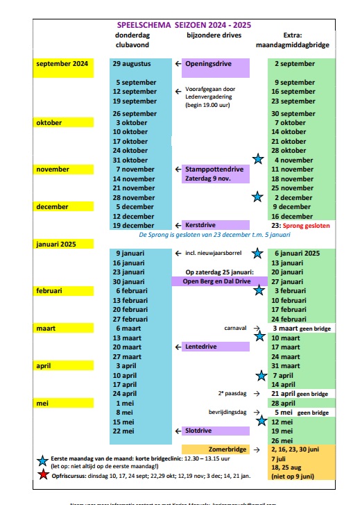 Speelschema seizoen 2024 - 2025