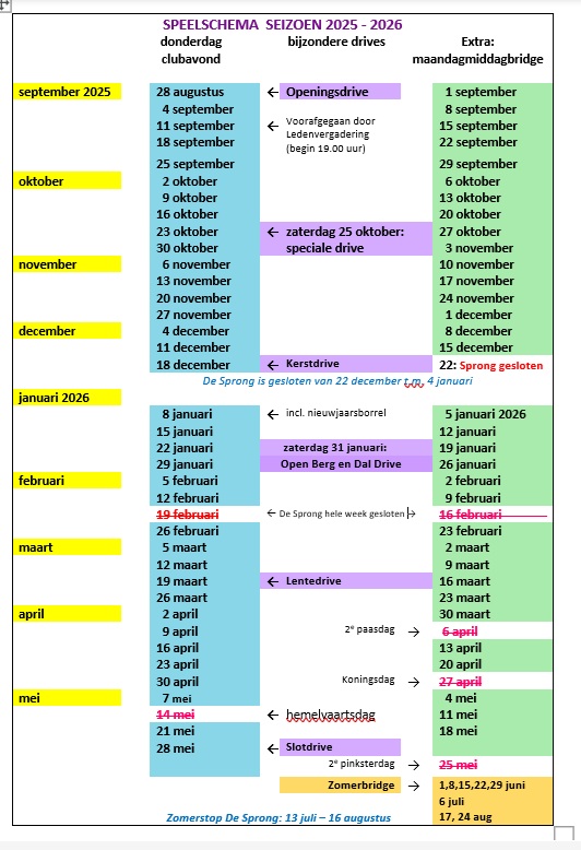 Geen bridge op maandag 16 en donderdag 19 februari
